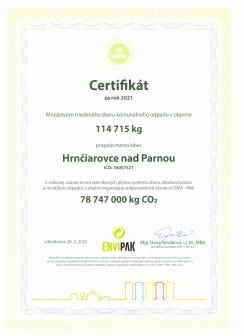 Certifikát za vytriedený odpad za rok 2021 1