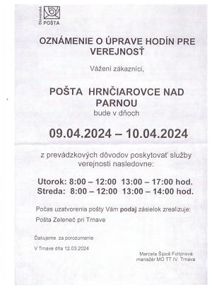 Pobočka pošty Hrnčiarovce n/P v Zelenči, je 09.04.-10.04.2024  ZATVORENÁ. 1